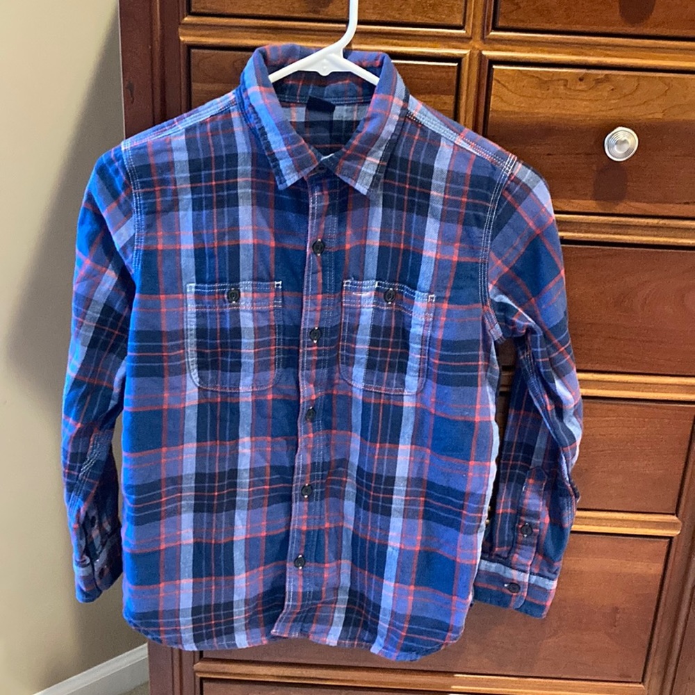 Gap Kids long sleeve button down shirt, blue and red plaid, size large, size 10